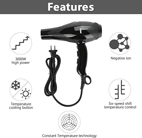 Secador de Pelo Profesional Secador Iónico de 3000W con 2 Boquillas, 2 velocidades y 3 temperaturas, Botón de Aire Frío, Negro Salon