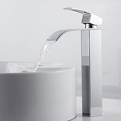 Seebesteu Grifo Mezclador Monomando Cascada de Níquel Cromado Alto Grifería Alto Caño Agua Fría y Cliente para Lavabo del Cuarto de Baño Cuadrado