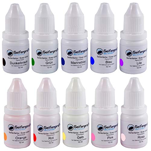 Seifenprofis - Set de 10 Botes de jabón con Base de Pigmento (10 ml), Color Rojo, Verde, Azul, Amarillo, Rosa, Lila, Naranja, marrón Dunekl, Azul Marino (para Dar Color a Tus jabones)