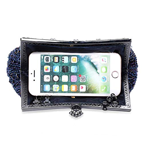 Selighting Cartera de Mano Fiesta Vintage, Clutch Mujer Elegante Bolso de Noche Bolsos de Embrague con Cuentas para Fiesta Cóctel Ceremonia Boda Novia (Azul)