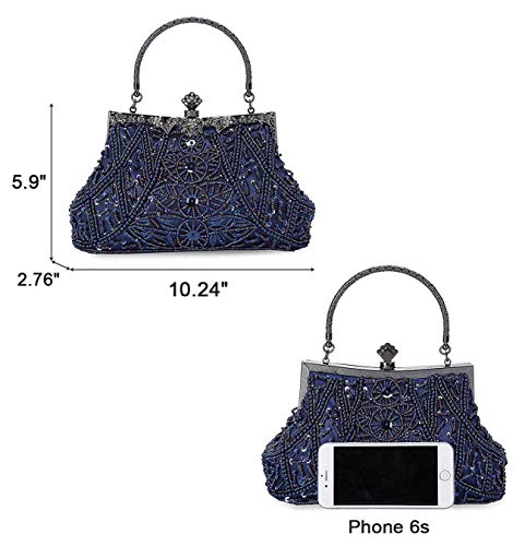 Selighting Cartera de Mano Fiesta Vintage, Clutch Mujer Elegante Bolso de Noche Bolsos de Embrague con Cuentas para Fiesta Cóctel Ceremonia Boda Novia (Azul)