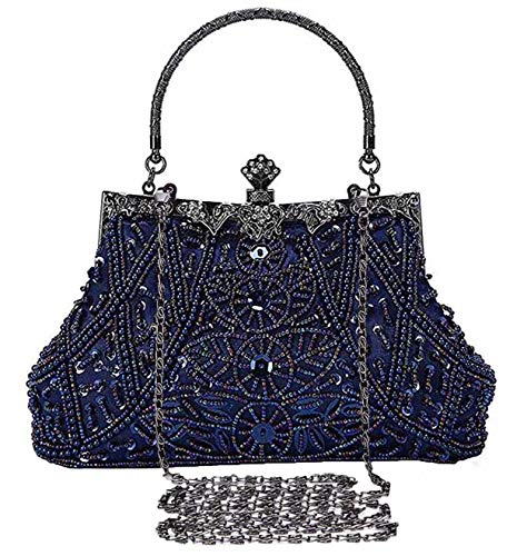 Selighting Cartera de Mano Fiesta Vintage, Clutch Mujer Elegante Bolso de Noche Bolsos de Embrague con Cuentas para Fiesta Cóctel Ceremonia Boda Novia (Azul)