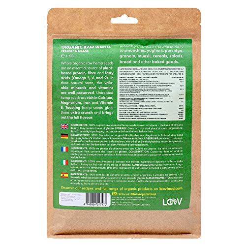 Semillas de cáñamo enteras crudas orgánicas, 1kg, no tratadas térmicamente, conserva sus nutrientes, sabor a nuez, cultivadas en clima nórdico, excelente fuente de proteínas y fibra de origen vegetal