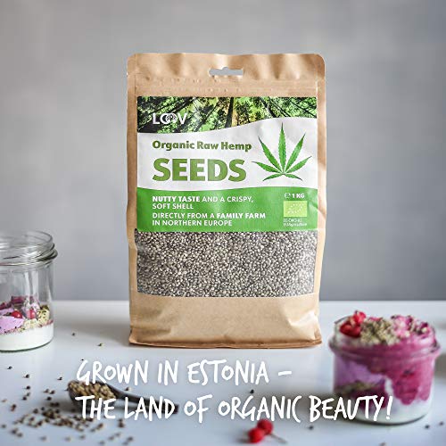 Semillas de cáñamo enteras crudas orgánicas, 1kg, no tratadas térmicamente, conserva sus nutrientes, sabor a nuez, cultivadas en clima nórdico, excelente fuente de proteínas y fibra de origen vegetal