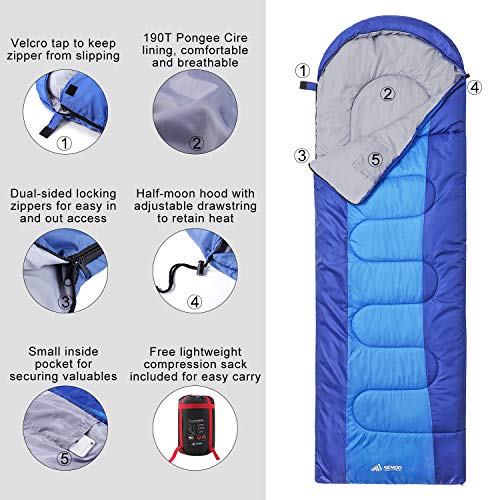 Semoo Saco de Dormir Impermeable, 190T de poliéster, Ligero para Adultos, con Bolsa de Compresión, para Acampar, Festivales, Senderismo, En Casa o Al Aire Libre…