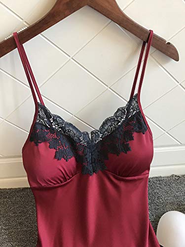 Señoras Sexy Pijamas Gran tamaño Divertido Suspender Falda satén Encaje Costura camisón Dormir Peluche Ropa Interior Tela de satén riou