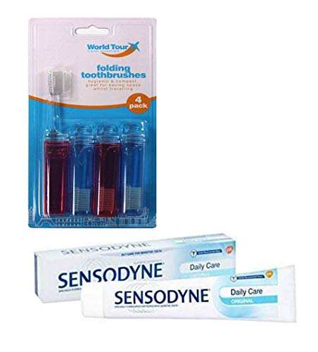 Sensodyn - Pasta dental orginal para el cuidado diario, 50 ml y 4 cepillos de dientes plegables plegables, color rojo y azul