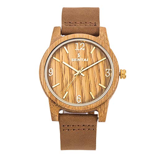 Sentai Reloj de Madera Reloj de Pulsera de Cuarzo Japonés con Correa de Cuero para Hombres y Mujeres