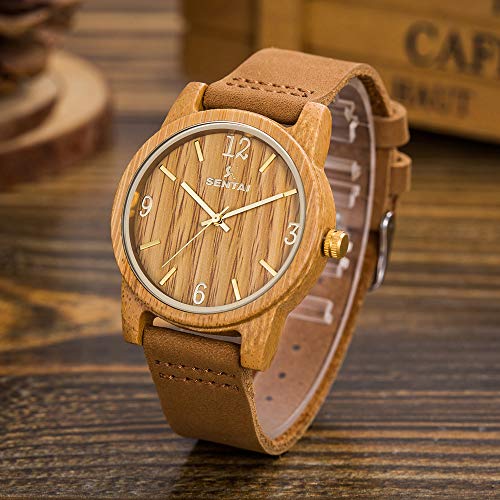 Sentai Reloj de Madera Reloj de Pulsera de Cuarzo Japonés con Correa de Cuero para Hombres y Mujeres
