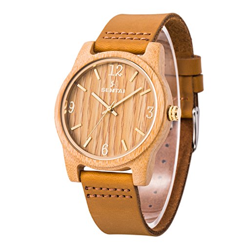 Sentai Reloj de Madera Reloj de Pulsera de Cuarzo Japonés con Correa de Cuero para Hombres y Mujeres