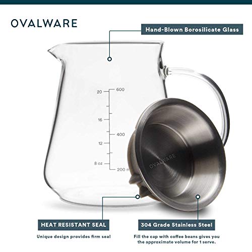 Servidor de café de la gama Glass para verter - 600ml/20oz Ovalware seguro para microondas y a prueba de calor cuerpo de vidrio de 2.5mm de espesor