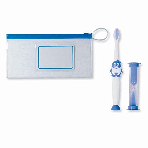 Set cepillo de dientes infantil con neceser y reloj de arena, presentado en bolsa celofán, lazo a tono y tarjeta personalizada. Lote de 10 unidades.