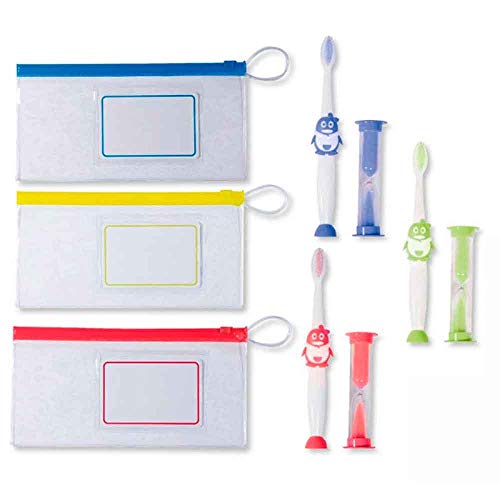 Set cepillo de dientes infantil con neceser y reloj de arena, presentado en bolsa celofán, lazo a tono y tarjeta personalizada. Lote de 10 unidades.