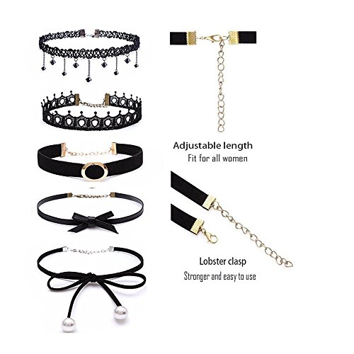 Set de 15 gargantillas negras, de estilo gótico, clásico, de terciopelo, elástico, de encaje, lazo