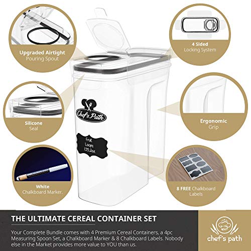 Set de Cajas de Almacenaje para Cereales y Harina - Tapers para Comida Herméticos, 8 Etiquetas, Set de Cucharas Medidoras y Bolígrafo - Dispensador de Cereales sin BPA (4L) - Chef's Path (4u)