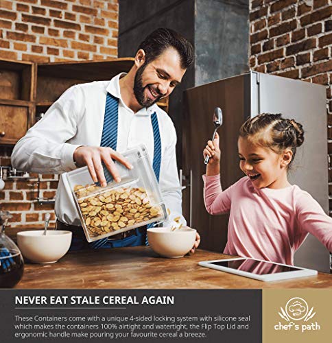 Set de Cajas de Almacenaje para Cereales y Harina - Tapers para Comida Herméticos, 8 Etiquetas, Set de Cucharas Medidoras y Bolígrafo - Dispensador de Cereales sin BPA (4L) - Chef's Path (4u)