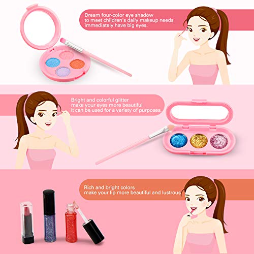Set de maquillaje Kids para niñas, Kit de cosméticos lavables reales Juego para niños Maquillaje con bolsa de cosméticos Juego de regalo de princesa para fiesta de Halloween Navidad Cumpleaños