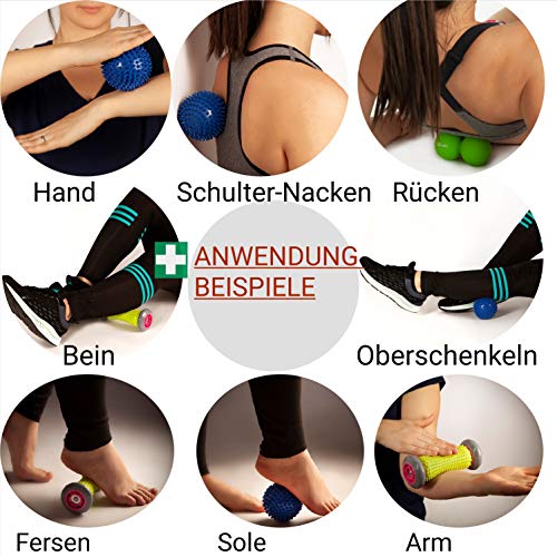 Set de masaje profesional | 4 partes | Masaje de pies para la fascitis plantar | 2x bola de erizo | Scooter peatonal con espinillas | Duoball - Twinball con bolsa