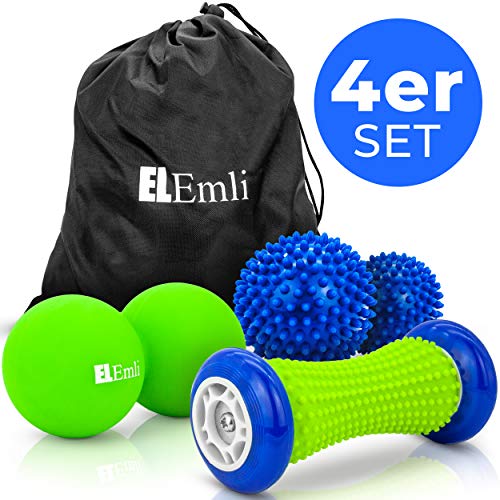 Set de masaje profesional | 4 partes | Masaje de pies para la fascitis plantar | 2x bola de erizo | Scooter peatonal con espinillas | Duoball - Twinball con bolsa