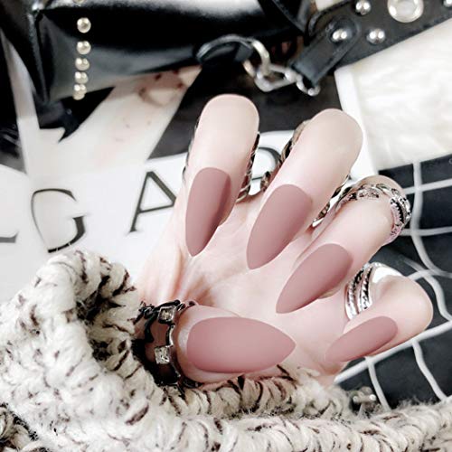 Sethexy 24Pcs Puro Color Mate Afilado Uñas postizas Esmerilado Moda Estilete Cubierta completa Uña acrílica larga Uñas postizas para mujeres y niñas（rosa marrón）