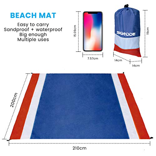 SGODDE Alfombra de Playa Esterilla Toalla, 210x200cm Manta Picnic Impermeable Grande, 210T Manta de Playa de Poliéster Antiarena Impermeable con 4 Estaca Fijos,para Playa,Camping,Picnic,Piscina
