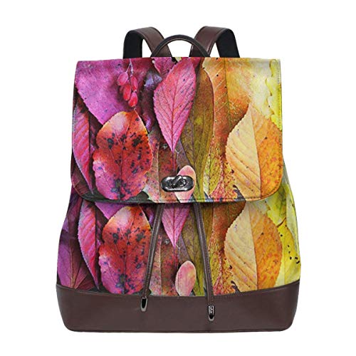 SGSKJ Mochila de Cuero Mujer Bolso Hojas de Otoño Paleta de Colores Arco Iris Estudiante Casual Bolsa La Universidad Bolsa de Viaje de Cuero Mochila Mujer