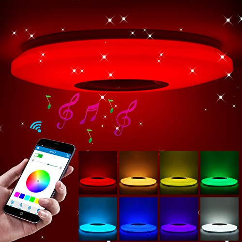 ShangSky - Lámpara de techo led regulable, altavoz RGB con Bluetooth, música para dormitorio, con aplicación a distancia, para habitación de los niños, regalo, Blanco, 185-265v 40cm 60w