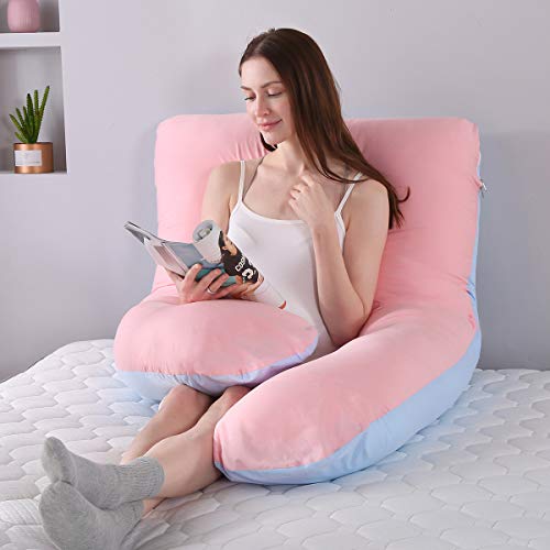 SHANNA - Almohada extragrande para adultos, almohada corporal para embarazadas y maternidad, en forma de U, con funda extraíble y lavable, 70 x 130 cm, algodón, Rosa y azul., 70*130CM