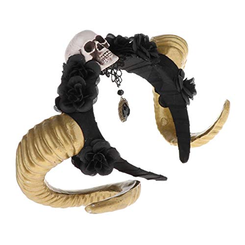 Sharplace Diadema de Pelo Floral con Cuerno de Cabra Calavera de Terror Accesorios de Disfraces - Flor negra dorada, tal como se describe