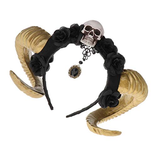 Sharplace Diadema de Pelo Floral con Cuerno de Cabra Calavera de Terror Accesorios de Disfraces - Flor negra dorada, tal como se describe