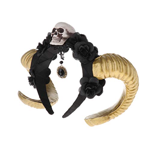 Sharplace Diadema de Pelo Floral con Cuerno de Cabra Calavera de Terror Accesorios de Disfraces - Flor negra dorada, tal como se describe