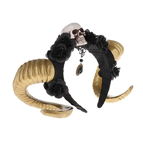 Sharplace Diadema de Pelo Floral con Cuerno de Cabra Calavera de Terror Accesorios de Disfraces - Flor negra dorada, tal como se describe