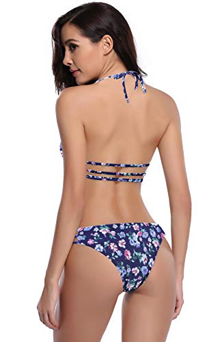 SHEKINI Mujer Halter Brasileño Estampado Bikini Set Relleno Trajes de baño Malla Bañador (Large, Pequeño Floral)