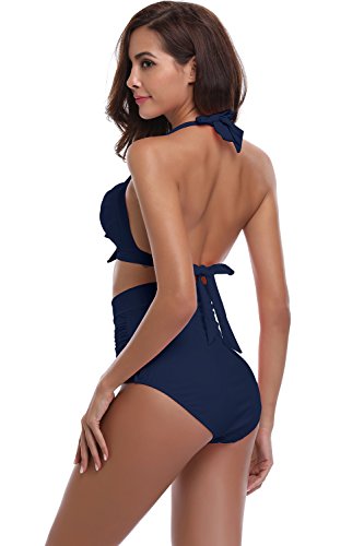 SHEKINI Mujer Triángulo Push up Bikini Set Cintura Alta Braguitas Arruga Trajes de Baña Bañador De Dos Piezas Conjuntos (Medium, Azul Oscuro)