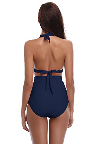 SHEKINI Mujer Triángulo Push up Bikini Set Cintura Alta Braguitas Arruga Trajes de Baña Bañador De Dos Piezas Conjuntos (Medium, Azul Oscuro)