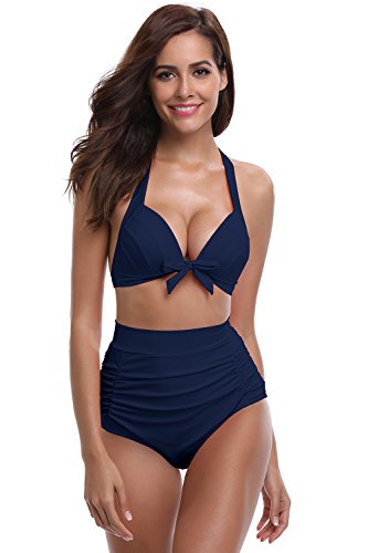 SHEKINI Mujer Triángulo Push up Bikini Set Cintura Alta Braguitas Arruga Trajes de Baña Bañador De Dos Piezas Conjuntos (Medium, Azul Oscuro)