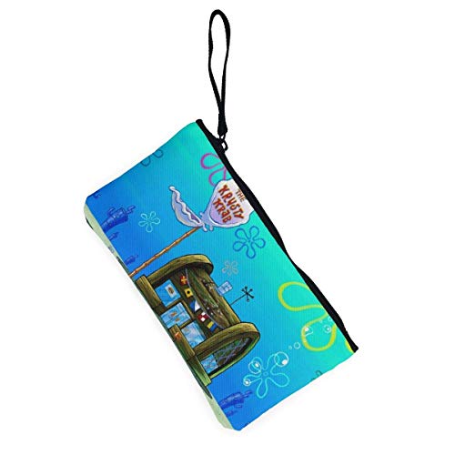 shibeili Bob Esponja Burger Shop Monederos Monederos de Cremallera de Lona Bolsas de Maquillaje con Correa de Pulsera Monedero para teléfono móvil