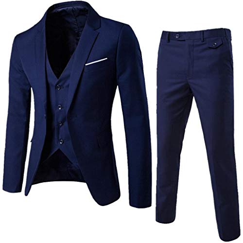 SHOBDW Hombre Traje Talla Grande de Manga Larga Abrigos de Invierno de Solapa Delgado Traje de Fiesta de Bodas de Negocios Chaqueta Blazer Chaleco Pantalones 3PCS(Armada,M)