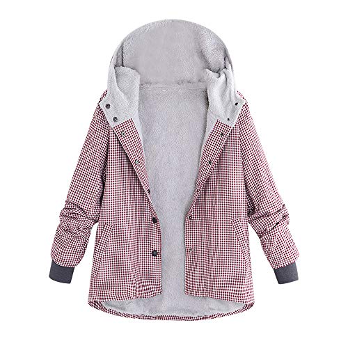 SHOBDW Mujer Sudadera con Capucha de Manga Larga de Manga Larga Estampado A Cuadros Enrejados Bolsillos Chaquetas de Punto Vintage Chaquetas de Invierno de Gran Tamaño Cálido(Rojo,Large)