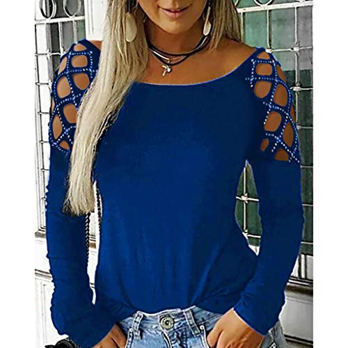 SHOBDW Mujeres Camisetas de Manga Larga Tallas Grandes Cuello en V sólido Camisa de Manga Larga Moda Casual Primavera Otoño Blusa Blusas Sueltas Diseño Cruzado Delantero Camiseta (XX-Large, T-Azul)