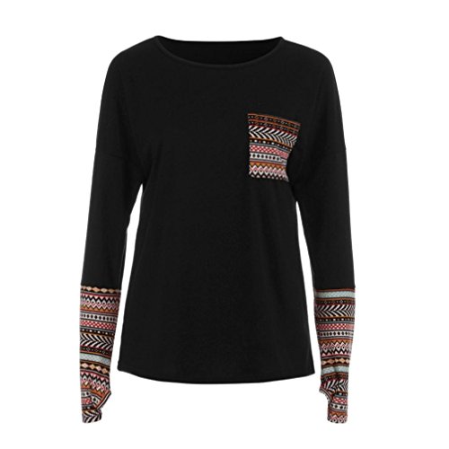 SHOBDW Separación Mujer Camiseta Manga Larga Labor de Retazos Blusa Tops otoño Invierno Ropa (L, Negro)