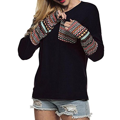 SHOBDW Separación Mujer Camiseta Manga Larga Labor de Retazos Blusa Tops otoño Invierno Ropa (L, Negro)