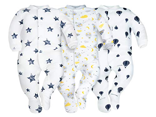 Sibinulo Niño Niña Pijama Bebé Pelele de Algodón Pack de 3 Globos, Estrellas y Lunas 74(6-9 Meses)