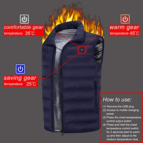 Sidiou Group Chaleco térmico eléctrico Cargador térmico con Carga USB Chaleco Ajustable de la Chaqueta de Abajo de la Ropa Abajo Chaleco de Chaleco Recargable para Hombre (Blue, L)