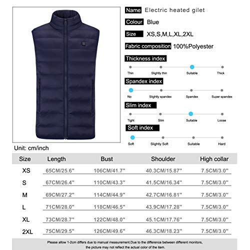 Sidiou Group Chaleco térmico eléctrico Cargador térmico con Carga USB Chaleco Ajustable de la Chaqueta de Abajo de la Ropa Abajo Chaleco de Chaleco Recargable para Hombre (Blue, L)