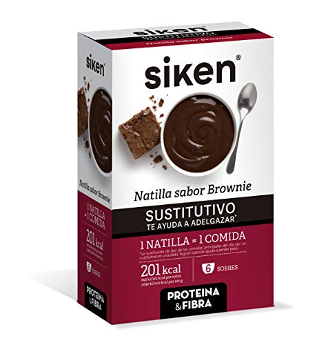 SIKEN SUSTITUTIVO - Natillas sustitutivas, Sabor brownie, 6 sobres en polvo para mezclar con agua, Rico en fibra, vitaminas y minerales, 1 natilla sustituye 1 comida