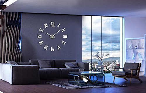 Silenciar DIY Frameless Gran Reloj De Pared Números Romanos 3D Relojes De Pared Espejo Pegatina para Ministerio del Interior Decoraciones (Plata)