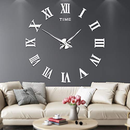 Silenciar DIY Frameless Gran Reloj De Pared Números Romanos 3D Relojes De Pared Espejo Pegatina para Ministerio del Interior Decoraciones (Plata)