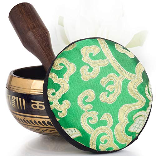Silent Mind ~ Juego De Cuencos Tibetanos ~ Diseño Equilibrio y Armonía ~ Con Mazo De Superficie Doble Y Cojín De Seda ~ Promueve La Paz, La Curación De Chakras Y La Atención Plena ~ Un Regalo Exquisito (Bronce)