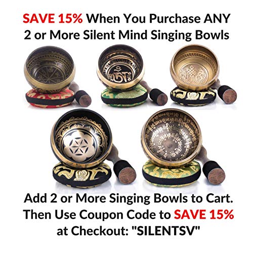 Silent Mind ~ Juego De Cuencos Tibetanos ~ Diseño Equilibrio y Armonía ~ Con Mazo De Superficie Doble Y Cojín De Seda ~ Promueve La Paz, La Curación De Chakras Y La Atención Plena ~ Un Regalo Exquisito (Bronce)